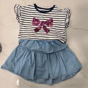 Jumping Beans Striped Bow Tee + Chambray Ruffle Skirt Outfit Set | Girls 7
